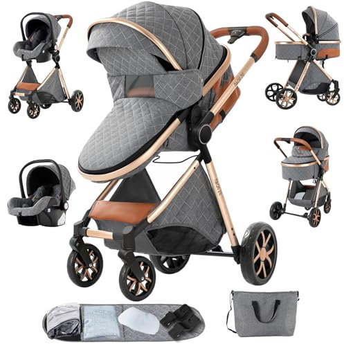 Sianldcone Kinderwagen 3 in 1, Hochwertige Stoffe Kinderwagen Set, Zwei-Wege-Schiebefunktion Reisesysteme, Offene Sicht Kombikinderwagen 3 in 1 Komplettset (V9 Grey)