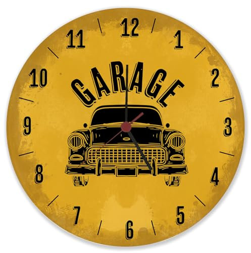 speecheese Garage Auto Wanduhr aus Glas in gelb Witzige Uhr für Männer mit Automotiv perfekte Dekoration für Oldtimer Liebhaber mit Fuhrpark und verschiedenen Kfz