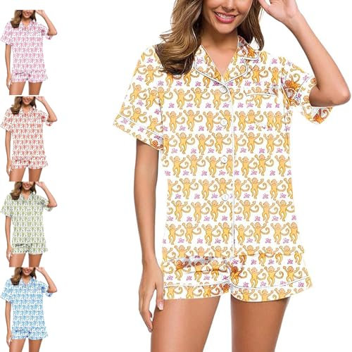 YOHFRFGX Roller Rabbit Pajamas, Trendy 2 Piece Button Down Monkey Bunny Shorts Set, Roller Rabbit Dupes, Preppy Pajamas (S,Yellow)