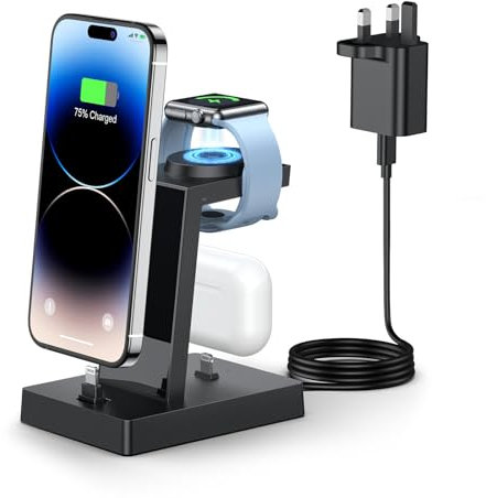 3 in 1 Charging Stand - ADADPU iphone and iWatch Charger Station with 30W USB C Charger Plug, Apple Charging Dock for iphone 14 13 12 11 Series, iWatch, AirPods, Not for 16 15