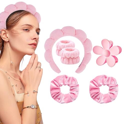 FENQURO 6 pcs bandeau cheveux femme Bandeau Spa pour le Lavage du Visage Set de Poignets éponge doux en Tissu éponge pour le Maquillage et Les Soins de la Peau Bandeau Antidérapant pour les （rose）