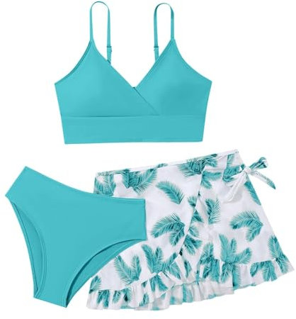 3 Teilig Bikini Set für Mädchen Blumen Badeanzug mit Unterhemd Unterteile Skirt Teenager Strand Pool Schnelltrocknender Tankini Sets Sommer Badeanzüge Schwimmanzug (Mint Green, 12-13 Years)