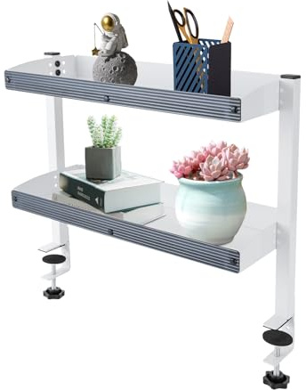HOARLICN Klemmregal Schreibtisch, 2 Ebene Klemmbare Schreibtisch-Organizer Ltischregal Table-Top Shelf mit Erhöhtes Geländer für Schlafzimmern, Wohnzimmern Tragfähigkeit Jede Ebene 10kg (Weiß)