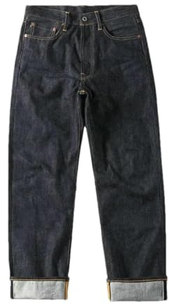 Men’s Selvedge Style Raw Denim Jeans Cuffed Straight Leg Heavyweight Denim Pants Heritage Workwear Look Trousers Dark9 Blue L32 36
