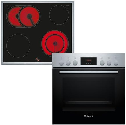 Bosch HND211RS63 Einbau-Herd-Set, Einbau-Herd HEF113BS1 Serie 2 & Elektro-Kochfeld NKN645GA2E Serie 4, 60 cm, 2-Fach Teleskopauszug, 3D Heißluft, Bedienfeld am Herd, Glaskeramik, Edelstahl