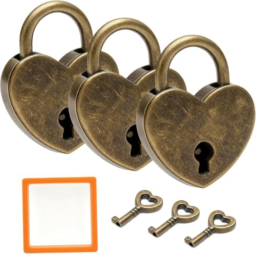 VOSSOT 3PCS Lucchetti Cuore Vintage con Chiave, Mini Lucchetto Retrò Romantico Acciaio, Lucchetto Forma Cuore Serratura, Cofanetto Regalo per Portagioie, Agenda, Cassetto, San Valentino, Anniversario
