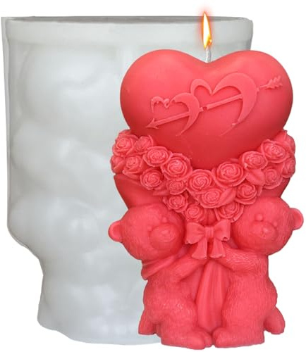 Midnadiy Moule à bougie en silicone 3D - En forme d'ours d'amour - Ours en peluche - Moule en silicone - Moule à bougie DIY pour savons faits maison - Cadeau de Saint-Valentin