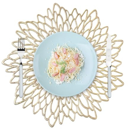 Privalace 38cm Rund PVC Metallic Platzsets Abwaschbar,6er Set Tischsets Gold Ausgehöhlte,Platzdeckchen für Hochzeit Küche Party Dekor