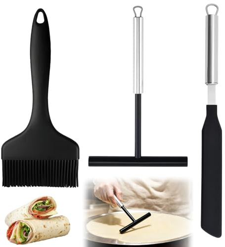 Mein HERZ Crepes distributor set, stainless steel, distributor and spatula, crepe spatula, 3 pieces, stainless steel crepe dough spreader, suitable for baking and cooking utensils in the home kitchen