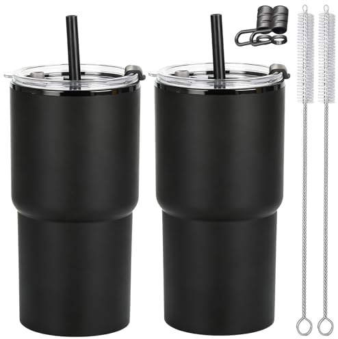 CuppaLifes 510ml Plastic Cups with Lids and Straws, Double Wall Reusable Coffee Cup, Translucent Travel Mug for Hot Drinks (2, Black)