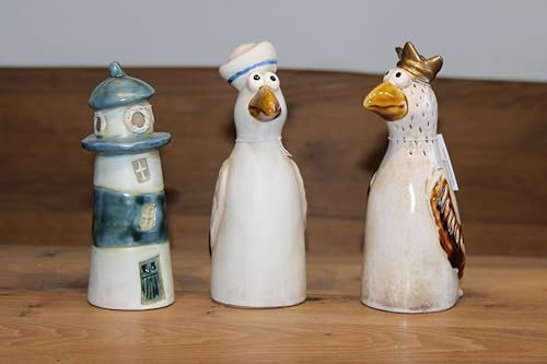 EXNER Ocean Keramik Zaunhocker Set, 3 Stück mit Leuchtturm, Möwe und Vogel, Höhe 16-18 cm, Aufsteckbar auf Zaunlatte