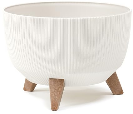 LAMELA Pot de Fleurs Rond sur Pieds - Plastique Rayé - Ø 33 cm x H 18,5 cm, 12,4 L - Résistant et Facile d'entretien - Intérieur et Extérieur - Crème