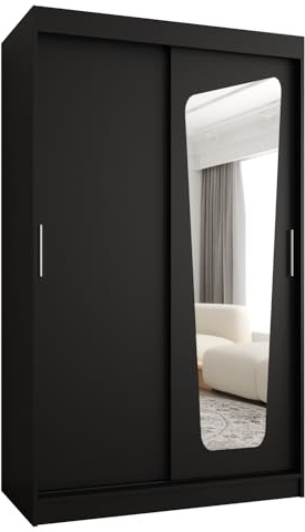 Kryspol - Kleiderschrank mit Spiegel - Schwebetürenschrank - Kleiderschrank 120 cm Breit x 200cm(H) x 62cm(T), 2 Türen, Laminierte Möbelplatte, Schiebetürenschrank Moka 120, Farbe Schwarz