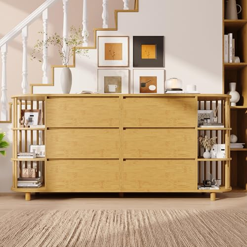 Bladez Sideboard 160 cm Eiche, Kommode mit 6 Schubladen & offenen Bambus-Regalen, Römisches Design mit Säulen, Wohnzimmer Anrichte Holz, 160 x 40 x 75cm,für Wohnzimmer, Esszimmer & Flur