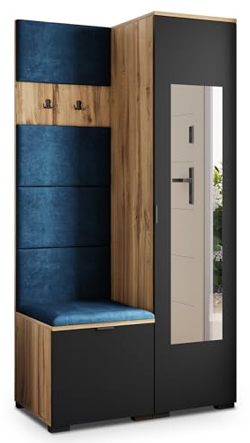 Masseno Flugarderoben Set VIRA, Kleiderschrank-Set mit Spiegel und Sitzbank, Garderobenschrank Flur mit 3 Regalböden, Eiche Wotan/Schwarz
