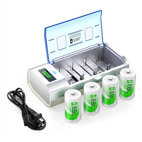 EBL D Cells - Batterie ricaricabili da 10000 mAh (4 pezzi) con caricabatterie universale per batterie C D 9 V AA AAA Ni-MH Ni-CD