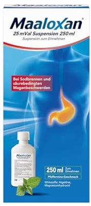 Maaloxan 25 mVal Suspension, Suspension zum Einnehmen, 250 ml, mit Algeldrat und Magnesiumhydroxid, bei Sodbrennen und säurebedingten Magenbeschwerden
