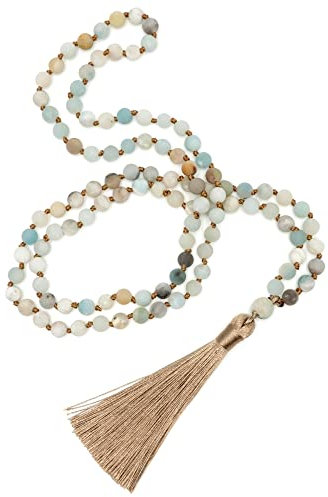 BENAVA Mala Kette aus 108 Amazonit Stein Perlen Türkis | Yoga Kette Lang mit Quaste und filigran gearbeiteter Quaste | 90 cm