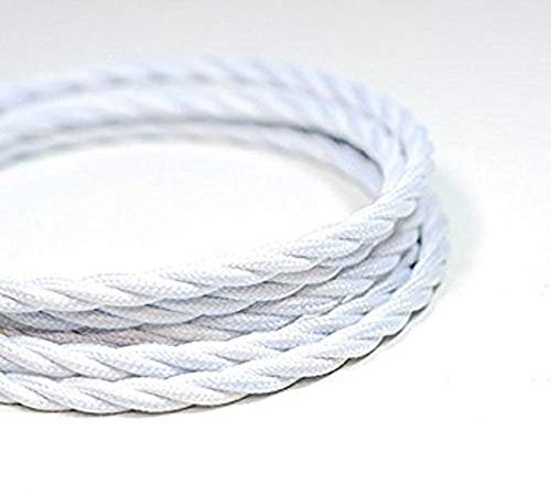 3 Core Twisted Silk Braided Vintage Fabric 5m White Colour Lighting Cables Flex 0.75mm UK (5m, White)