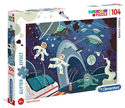 Clementoni 20166 Glitter Puzzle Kurioses im All – Puzzle 104 Teile ab 6 Jahren, farbenfrohes Kinderpuzzle mit Glitzereffekt, Geschicklichkeitsspiel für Kinder