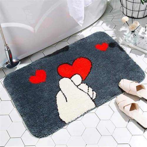 Treer Badezimmermatte Weicher Saugfähig Badezimmerteppich, Mikrofaser Beflockung Badematten Antirutsch Badvorleger Duschteppich Waschbar Badteppich (40x60cm,Als Herz)