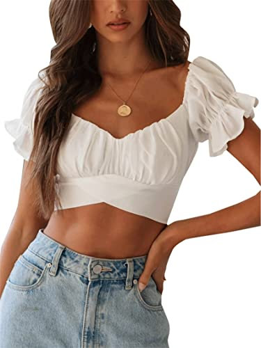LYANER Women's Ruffle Short Sleeve Tie Up Back Crop Top Off Shoulder Bardot Blouse, White, M