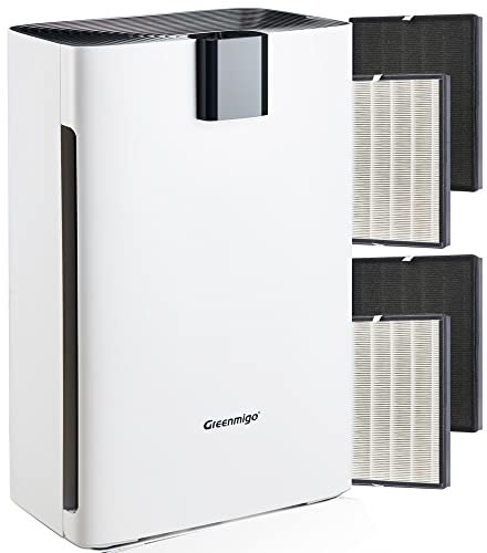 Greenmigo Purificatore d'Aria Casa HEPA Filtro e Filtro a Carboni Attivi,4 Velocità di Ventilazione,320m3/h Effetti Filtrazione 99% di Allergie,Fumo,Odori,Muffa,Polveri,Luce,Timer 1-24 ore(2 HEPA)