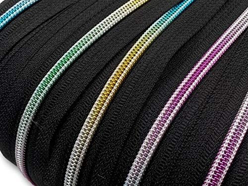 Reißverschluss endlos Spirale Regenbogen 5mm Meterware mit Zipper (Schwarz, 10m + 20 Zipper)