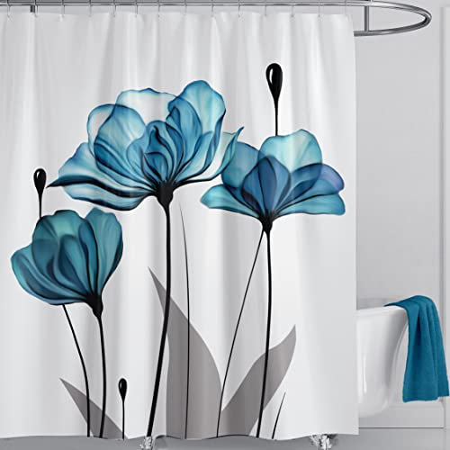 LIVETTY Tenda da doccia in tessuto blu floreale, tenda da doccia impermeabile per bagno, ad asciugatura rapida, lavabile in lavatrice, tende da cucina con 12 ganci (stile fiore 3)