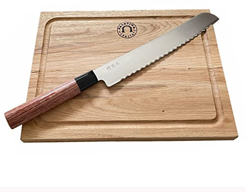 KAI Shun Premier Tim Mälzer TDM-1705 Brotmesser Set mit Eichenholzbrett 30 x 20 cm – 23 cm Klinge, VG-MAX Damaszenerstahl, KAI Wellenschliff, Pakkaholzgriff, Made in Japan