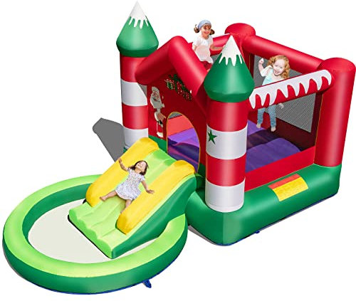 GYMAX Kids Bouncy Castle, Inflatable Jumping House with Slide, Round Ball Pit Pool & Carry Bag, Children Bounce Playhouse for Outdoor Indoor (Christmas Themed without Blower)