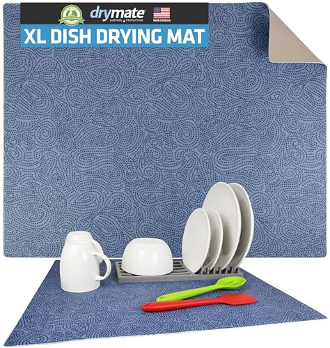 Drymate Jumbo XL Dish Drying Mat (19”x24”), Low-Profile, Super Absorbent, Quick Dry Fabric, Waterproof & Slip-Resistant, for Kitchen Counter, Trimmable, Easy to Clean (USA Made)(Blue)