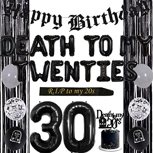 Fangleland 30 Geburtstag Dekorationen für Ihn Oder Sie Schwarz, Tod zu Meinem Twenties Ballons, Beerdigung Alles Gute Zum Geburtstag Banner, Fransen Vorhang Dreißigsten Party Supplies