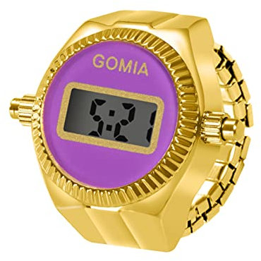 JewelryWe Ringuhr Fingeruhr Damen Digitaluhr - Gold Runde Digital Elastisch Edelstahl Ring Uhr Frauen Fingerringuhr Uhrenring mit Kalender, Stoppuhr und Lila Zifferblatt