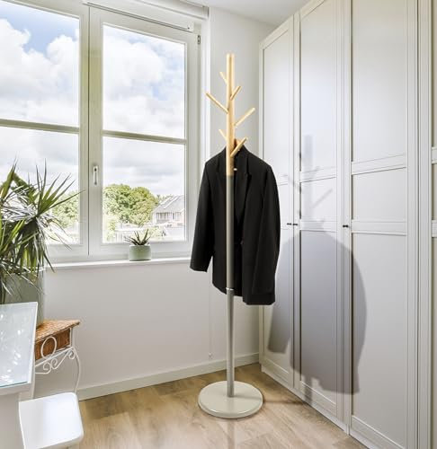 KARAT Kleiderständer grau aus Holz & Stahl stabil und Robust mit 6 Haken und Rundfuß Garderobenständer für Kleider, Garderobe und Hüte | Jackenständer für Flur Höhe 174cm Ø 28,5cm (Franklin)
