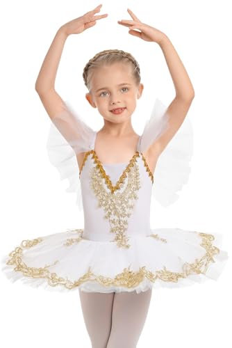 IBAKOM Girls Swan Lake Ballet Dress Sequin Beaded Golden Embroidery Camisole Skirt Leotard Gymnastic Dance Tutu Dress Ballerina Dancewear White 5-6 Years