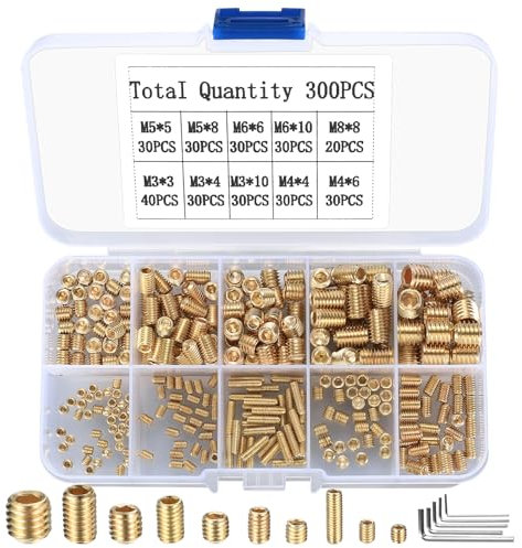 300 Stk Madenschrauben Set, M3/M4/M5/M6/M8 Gewindestifte Sortiment Kit, Sechskantkopf Schrauben mit Sechskantschlüssel für Türgriff Türklinke Halterung Innensechskant Madenschrauben, Gold