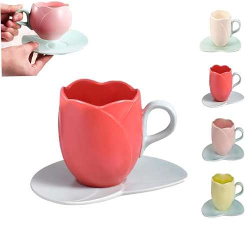 Eunmsi Tazza da caffè in ceramica, tazza da caffè a forma di tulipano, graziosa tazza rosa da donna con piattino, tazza creativa e carina in ceramica, tazza universale per acqua calda e fredda (rosso,