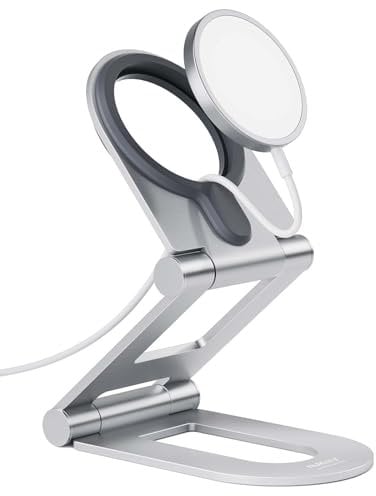 NULAXY Dual Folding Phone Stand for MagSafe Charger (MagSafe Charger Not Included), Fully Adjustable Aluminum Magsafe Charging Desk Mount Holder, Compatible With iPhone 15 14 13 12 Plus Pro Max,Silver