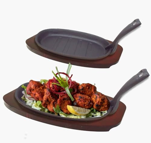 Vintage Gourmet® Premium Pre-Seasoned Cast Iron Sizzler Serving Dish/Steak Platter Set of 2 with Redwood Wooden Trivets,24cm & 28cm Create That Authentic Feel, Serve Your Dishes Sizzling at The Table!