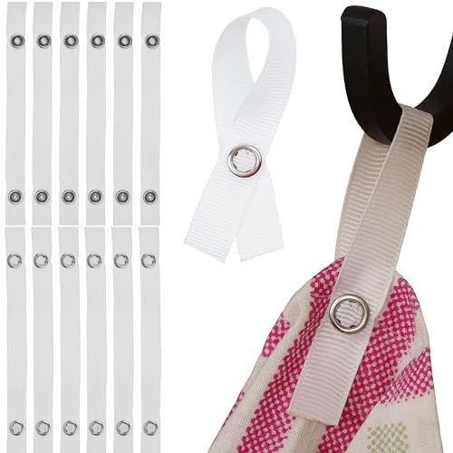 Nähfrei-Aufhänger für Textilien, 12 Pack, 150 x 12 mm Schlaufen, in Weiß, mit Druckknopf Verschluss, Aufhänger Schlaufen für Geschirrhandtuch, Bad Handtuch, Lappen, Tuch, Dekoartikel, Camping Zubehör