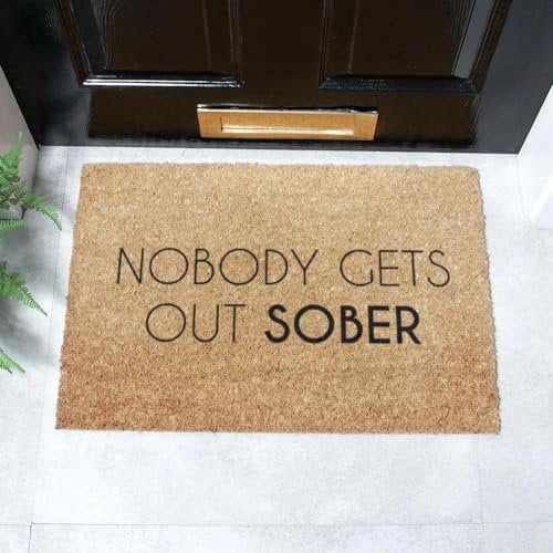 Artsy Mats - Out Sober Text Coir Door Mat - Made from Tufted Coconut Fibre - Non-Slip Natural Rubber Backed Door Mats Indoor - Heavy Duty, Decorative Outdoor Mats (60x40cm)
