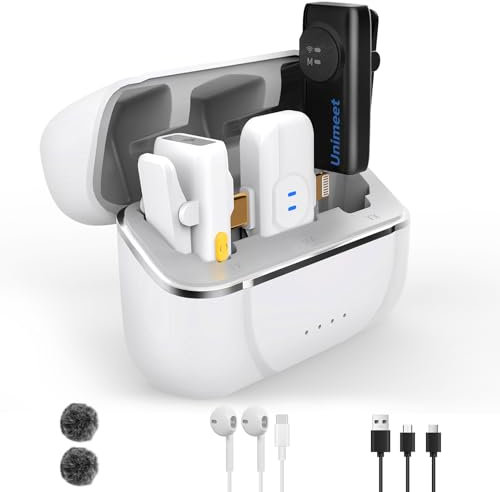 Microfono lavalier wireless (1 bianco e 1 nero) con cancellazione intelligente del rumore ed effetto riverbero, portata di 328 piedi, durata della batteria di 40 ore, microfono compatto a clip