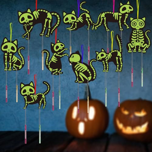 HONMOK 9 Stück Halloween Katze Windspiel Bastelset Schwarze Katze Halloween Deko DIY Leuchtend Halloween Skelett Katze Klangspiel Halloween Holzbastelset zum Bemalen Kreativsets für Jungen Mädchen