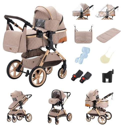 GLOKID 3 in 1 Kinderwagen Komplettset | Bis 22 kg, Höhenverstellbarer, Verstellbare Liegeposition, Kompakt Zusammenklappbar | Inkl. Babyschale, Wickeltasche, Moskitonetz und Adapter (FGX1 Khaki)