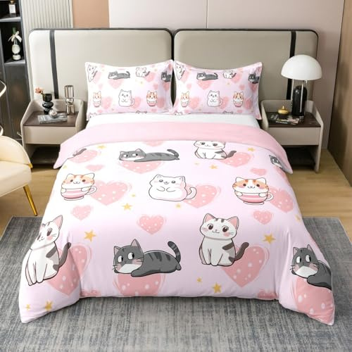Homewish Cartoon Katze Baumwolle Bettbezug 155x220 Jungen Mädchen Katzen | Bettwäsche Set Liebe Herz Bett Sets Nette Kätzchen Haustier Tier Bettbezug mit 1 Kissenbezug Atmungsaktiv Kein