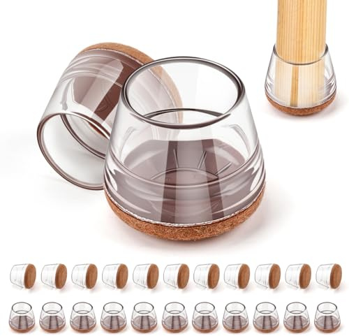 Geyrut Stuhlbein-Bodenschoner, 24 Stück (anwendbar 2 cm - 3 cm), Stuhlbeinschoner für Hartholzböden, umfassender Schutz, Filz, Gummi, Stuhlbeinkappen/Abdeckungen (transparent, mittel)