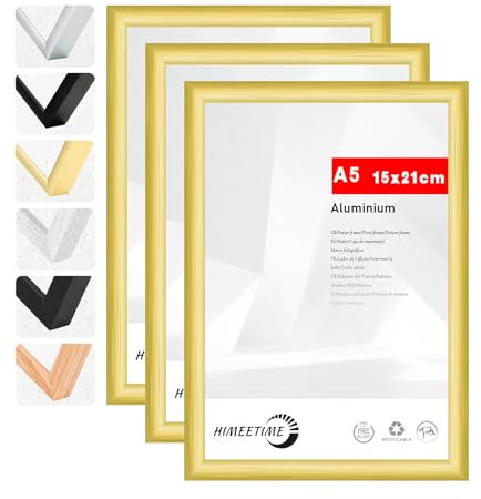HIMEETIME® 3 Pack A5 (14.8x21cm) Aluminium Gold Metal Collage Picture Frames with Built-in Wall Brackets and Nails