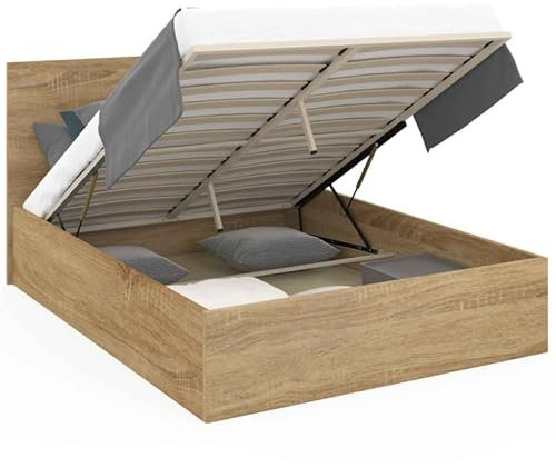 IDMarket - Lit Coffre Double Seaside avec tête de lit et sommier 160 x 200 cm façon hêtre