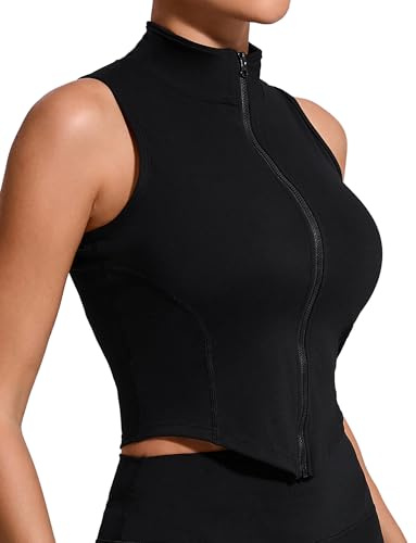 SEAUR Sport Crop Top Damen Ärmellos Reißverschluss Tank Top Dünn Stehkragen Eng Oberteil Slim Fit Schnelltrocknend für Gym Fitness Workout S-L